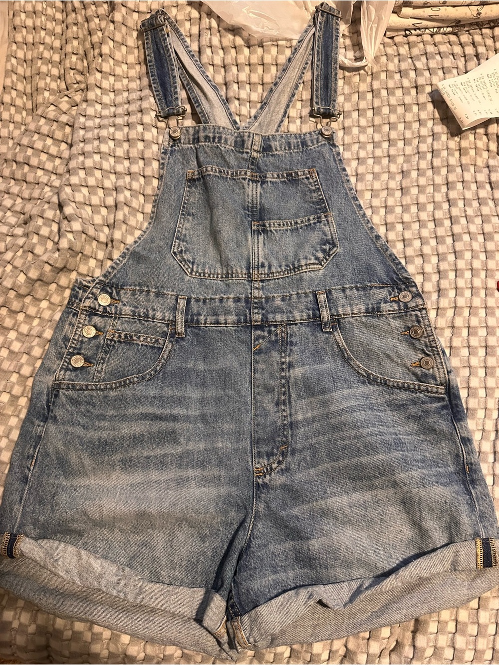 We The Free Light Blue Denim Short Overalls